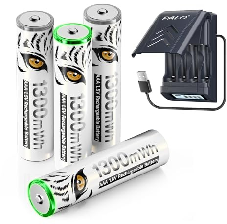 Mspalocell 1300mWh 1,5V litiumbatteri AAA laddningsbart med laddare, 1,2V Ni-MH/1,5V litium AAA batteri snabbladdare, inbyggd USB-kabel LCD intelligent laddare, 4 st AAA-batterier