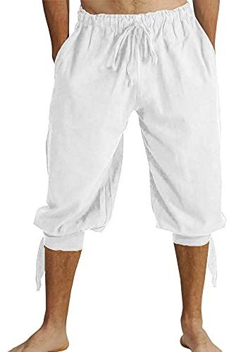 Runcati Korta byxor, herr, plyschbyxor med snörning viking, sommarbyxor, pirat, medeltida kostym, fritid, strand, shorts, Vit, L