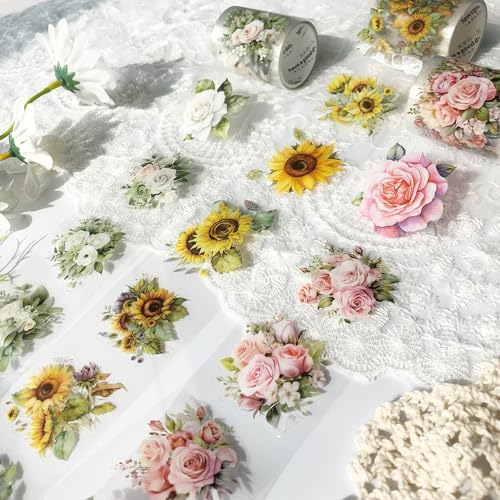 Arpaper Washi Tape Set，3 Rolls Blumen PET Wide Washi Tapes Transparent Sticker für Scrapbooking， Journaling，Bullet Journals, Planner，Mobile phones, photo albums DIY（Blumenmeer 2）