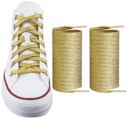Endoto 8MM Glitzernde Metallic Schnürsenkel für Herren Damen Kinder Schuhe, Flache Pailletten Glänzende Glitter Schnürbänder Shoelaces Laces (Goldener Glitzer, 54 Zoll)