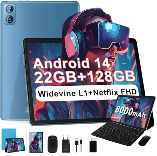 2025 Neuest Android 14 Tablet 10 Zoll, 22(6+16)GB RAM+128GB ROM/TF 2TB, 8000mAh Akku, 8-Cores CPU, Face ID, Widevine L1, WLAN 6, GPS, BT5.0, 5MP+8MP, Tablet mit Tastatur+Maus, Metallkörper Blau