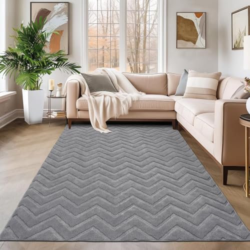 SHACOS Grau Teppich Wohnzimmer Kurzflor 160x230 cm Modern Waschbarer Teppich Schlafzimmer Weich Wohnzimmerteppich Hoch-Tief-Effekt 3D Effekt rutschfeste Teppiche für Kinderzimmer, Esszimmer