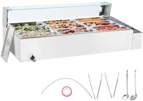 VEVOR Scaldavivande Commerciale con 9 Recipienti (5,5 L / 1/3 Dimensioni Ciascuno) Tavolo a Vapore Elettrico con Copertura in Vetro 1500 W Scaldavivande da Tavolo, Controllo della Temperatura 30-85 °C