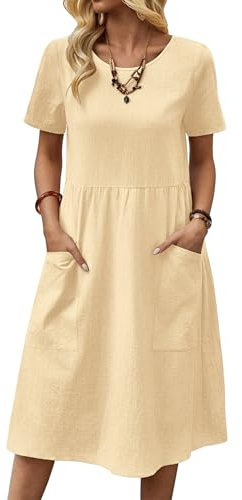 Zeagoo Women's Linen Cotton Summer Dress - Casual Crew Neck Tunic with Short Sleeve, Solid Color Midi A-Line with Pockets S-XXL