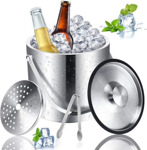 Tapvai 4L Seau A Glacon, Seau À Glace en Acier Inoxydable Isolé À Double Paroi avec Couvercle, Incluse Pince À Glaçons Et Passoire, pour Apéritifs Boisson Cocktails Bouteille Bar Anniversaires Fêtes