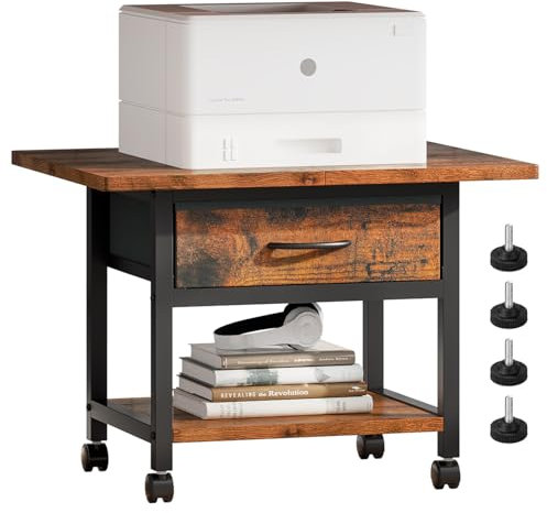 KZOBYD 2-stufiges Druckerständer mit Schublade, unter dem Schreibtisch Druckerhalter, Druckerwagen aus Metall&Holz, Druckertisch Druckerregal mit Rollen, Rolltisch für Haus Büro
