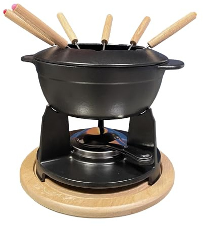 BAUMALU - Service à Fondue - Caquelon en Fonte - Couvercle Anti-Éclaboussures - Réchaud - Brûleur à Pâte - 6 Fourchettes - Plateau en Bois - Fondue Bourguignonne, Savoyarde ou Chocolat - Noir Mat/Bois