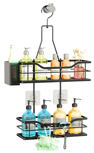 SWTYMIKI Shower Caddy Hanging Organiser- 2-Tier No Drill Shower Organiser with 360° Rotating Hook, Rustproof Stainless Steel Bathroom Shower Storage Shelf for Shampoo, Conditioner, Toiletries