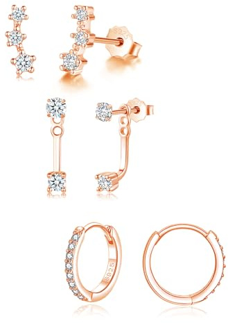 Loutade Ohrringe Rose Gold, 3 Paar 925 Sterling Silber Zirkonia Ohrstecker Creolen Set, Hypoallergen Klein Ohrstecker Silber 925 Stapelbar Zirkonia Ohrringe Creolen Set für Mehrere Piercings Damen