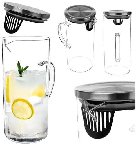 KADAX Vattenkaraff av glas, 1,4 liter, glaskaraff med lock av rostfritt stål, karaff med sil, vattenkanna för vatten, glaskanna, vattenkanna