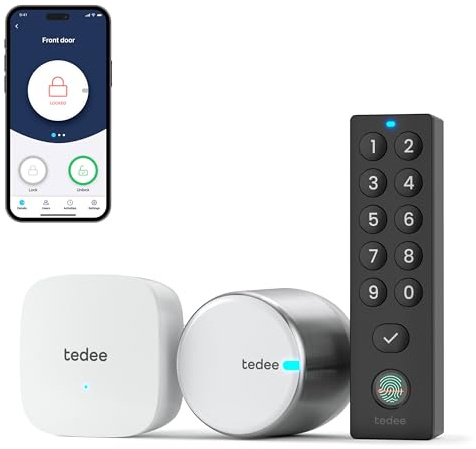 tedee GO2 Alu Serrure connectée avec WiFi et clavier biométrique à empreintes digitales pour un accès à distance, Alexa Google Smart Home Smart Lock avec App et Bluetooth