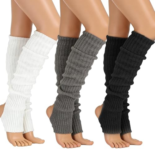 MOAZIFI 3 Paar Winter Stulpen Damen 40cm, Gestrickte Leg Warmers, Beinstulpen, Stulpen Für Damen, Beinwärmer, Legwarmers, Für Winter Frühling Und Herbst, Geschenke Für Frauen (Weiß/Schwarz/Grau)