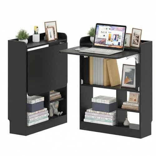 Folding Table with Storage Wall Mounted,Folding Desk with 4 Storage Shelve | Space Saving Laptop Computer Desk,Home Office Desk Workstation for Small Space Study Kitchen ,64x20x82cm (Black)