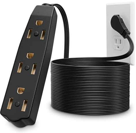 Bindmaster Flat Plug Extension Cord 10 FT Black 3 Outlet 3 Prong Grounded Indoor Extension Cord Low Profile Wall Hugger Angled Plug 16/3 Heavy Duty Power Cord 13A 125V for Home Office TV Desk Dorm
