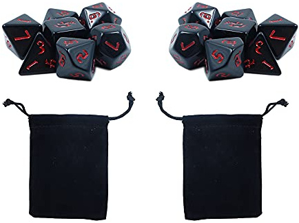 DollaTek Juego de 2 juegos de dados poliédricos negros de 7 troqueles compatibles con mazmorras y dragones DND juego de rol patrón rojo