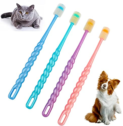 DQITJ 4 Pcs 360-Degree Small Dog and Cat Soft Toothbrush Soft Silicone Deep Pet Teeth Cleaning Kit (Colors May Vary)