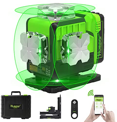 Huepar Nivel láser 4x360° Autonivelante, haz verde 4D, conectividad Bluetooth, herramienta láser 360 líneas láser horizontales y verticales, control remoto, estuche rígido, soporte magnético incluido
