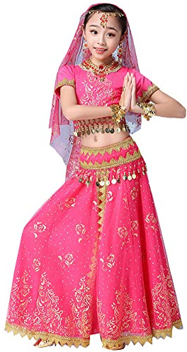 Fille Indienne Bollywood Ensemble de Costumes de Danse du Ventre étincelant 8 pièces Oriental Costume de Carnaval Déguisement Haut de Danse + Jupe avec Paillettes Perles et Pièces Rose(8PCS) L