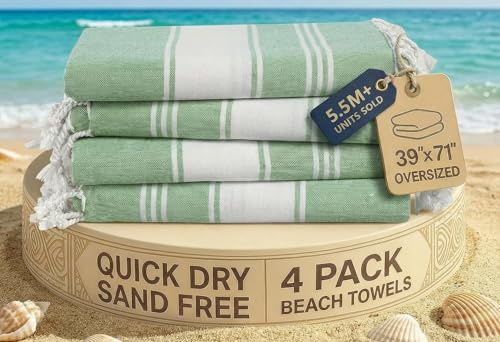LANE LINEN Oversized Turkish Beach Towels – Set of 4, 39x71 Lightweight & Quick Dry Pool Towels, Pre-Washed Travel Towels, Sand-Free & Absorbent, Jade Green