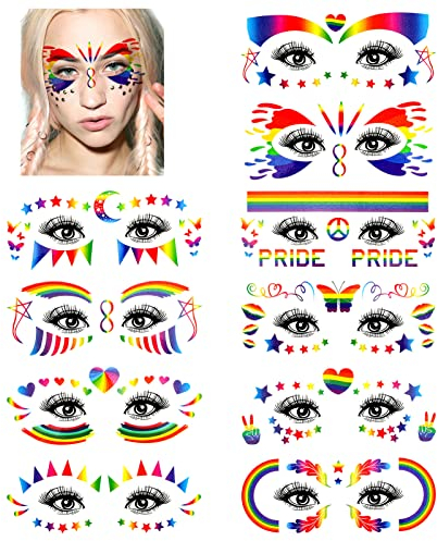 DPKOW Regenbogen Temporäre Tattoos für Gay Pride Augen Make-up, 10 Blatt LGBT Regenbogen Gesichtstattoos Gay Pride Frieden Schmetterling Stern Mond Tattoo für Männer Frauen LGBT Pride Körperkunst