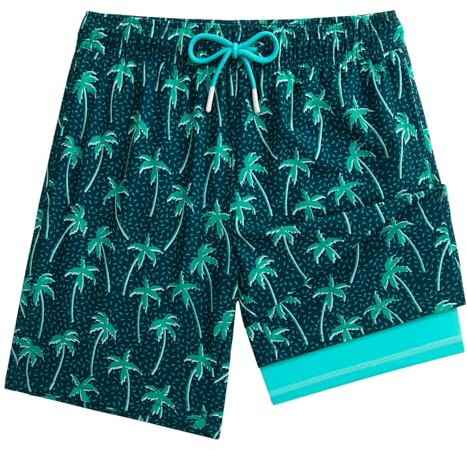 maamgic Bañador Niño con Forro 2 en 1 de Compresión y Cintura Ajustable Shorts Traje de Baño Bañador Corto de Natación Secado Rápido VÍA Multiple,Azul Verde Coco,10-12 años