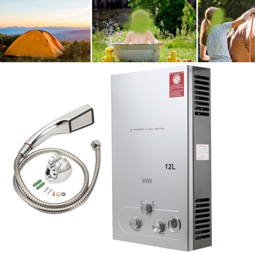 ECUTEE Calentador de agua de gas licuado LPG de 12 L, 24 kW, calentador de agua instantáneo sin depósito, con cabezal de ducha galvanizado y manguera de ducha, para camping al aire libre y ducha