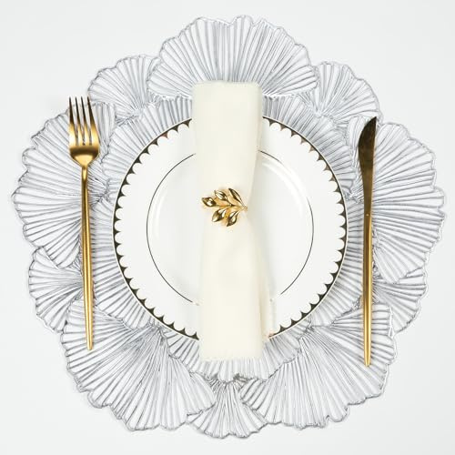 Evevda Silver Round Leaf Placemats, Hollow Vinyl Table Place Mats Set of 6 Waterproof Non Slip for Party Birthdays Weddings Centerpiece Dinners