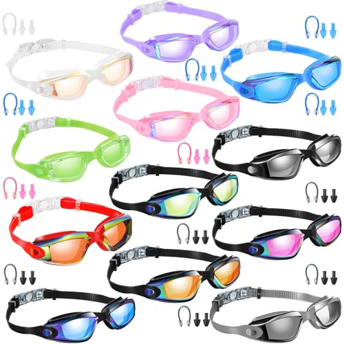 Flutesan 12 Pack Swim Goggles for Adult Kids Anti Fog Swimming Glasses with 12 Ear Plugs Nose Clip No Leaking Full Protection(Bright Color)