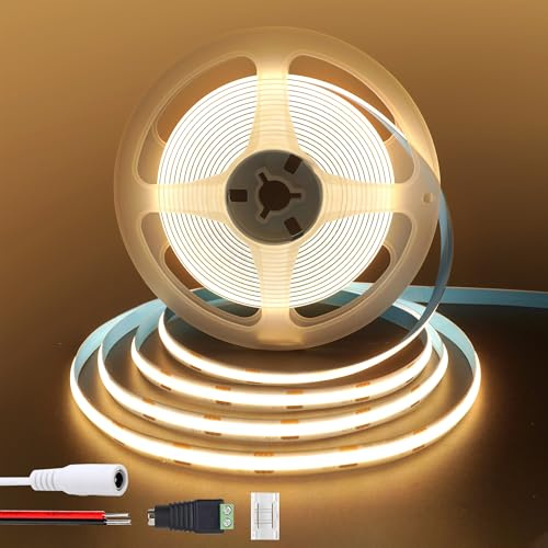 Clearhill 12V COB LED-ljuslistor 6.56FT/2M (Ingen strömförsörjning), Varmvit 3000K, 320LEDs/M, med 5521DC honkontakt och röd/svart kabelskott, 8mm bredd, IP20, för DIY heminredning inomhus