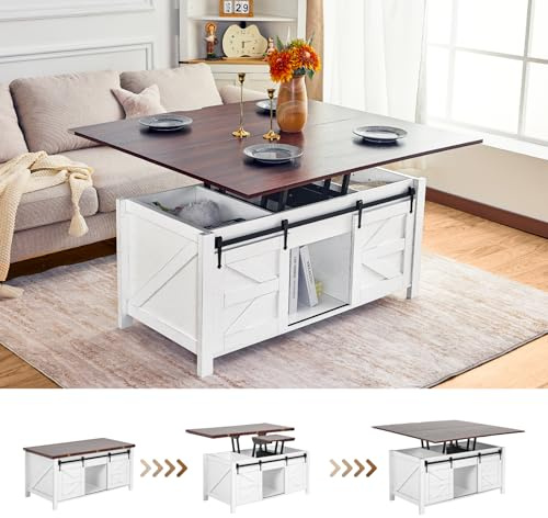 Roomark Couchtisch Höhenverstellbar, Moderner Landhausstil Couchtisch Aufklappbar, Wohnzimmertisch mit Stauraum & Verstecktem Fach, Couchtische Holz für Wohnzimmer (Tischplatte (120x110cm)