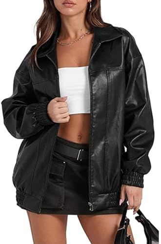 ECDAHICC Giacca da donna autunno moda ecopelle oversize giacca bomber giacca in pelle per donna abbigliamento invernale, Nero , M