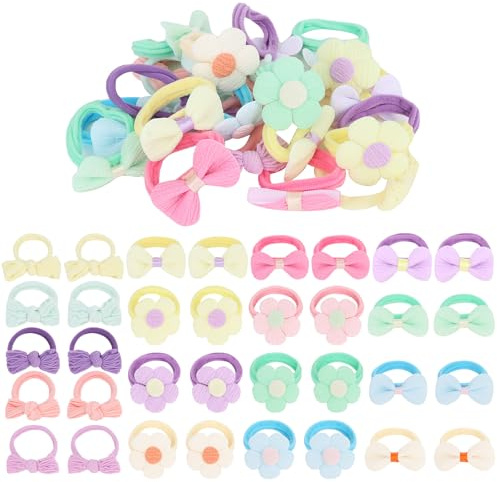 ACO-UINT Toddler Hair Ties 34 Pack Soft Hair Bands for Little Girls Elastics Baby Hair Ties No Damage Cute Candy Colorful Pony Tails Holders with Flower and Bows Hair Accessories for Girls