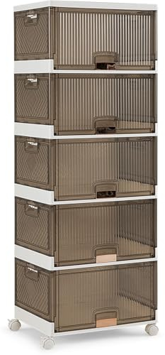GIANTEX Scatole per Scarpe Impilabili e Trasparenti con Ante Pieghevoli e Ruote Bloccabili, Organizzatore Salvaspazio, Colore Caffè (5 Livelli)