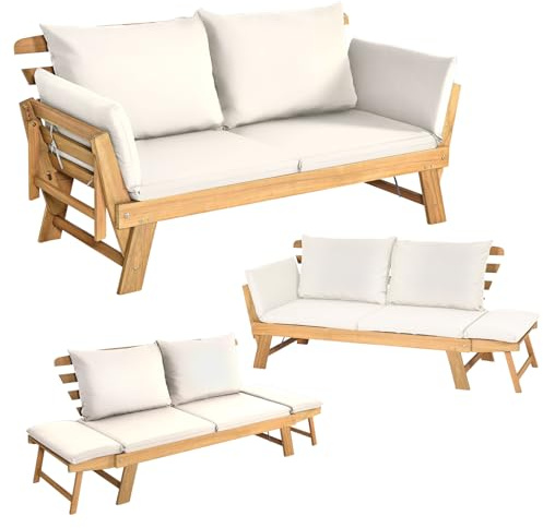 SOARS 3 en 1 Canapé Convertible Lit Jardin Exterieur, Canapé 2-4 Places en Bois d’Acacia avec Coussins de Dossiers & de Siège Épais Amovibles, Charge 320KG, pour Balcon Terrase, Blanc