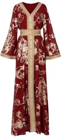 Générique Femme Abaya Musulmane Turque, Taille Haute Caftan Femme Ethnique Robe Caftan Islamique Mariage Jilbab Cardigan Col V Rouge L Lin/Coton Manche Longue Taille Haute Été Mariage
