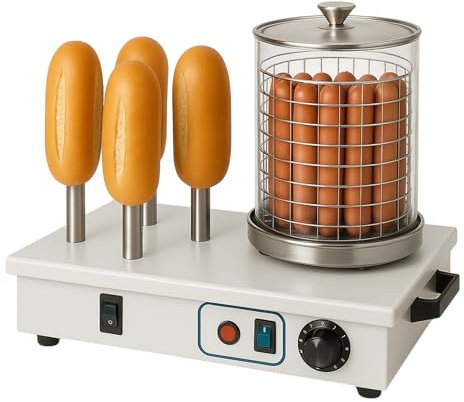 Machine Électrique à Hot-Dogs 4 Broches – 800W – Cylindre Verre Amovible, Thermostat Réglable – Chauffe-Pain et Saucisses – Inox Pro pour Snacks, Food Trucks