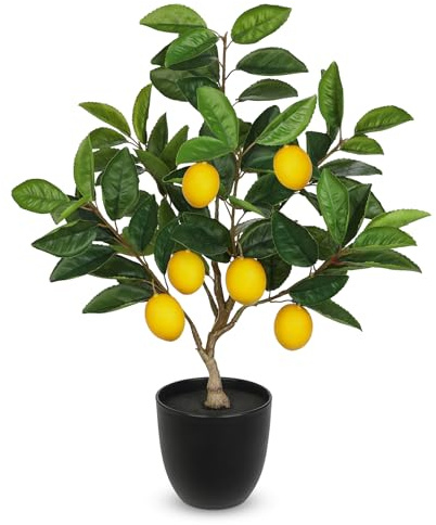 Konstgjord växtdekoration citronträd 50 cm plastväxt i kruka svart | Konstgjorda växter som riktiga krukväxter konstgjorda med citronkvist och citronfrukter för heminredning vardagsrum kök