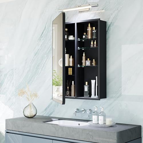 MemoCastle Black Medicine Cabinet with Mirror 16x20 Inch, Small Bathroom Wall Cabinet with Storage, Modern Matte Finish, 6 Adjustable Glass Shelves, Silent Soft Close, Rust Proof Aluminum Organizer