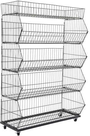 RjcdOPL 5-Tier Wire Grid Retail Display Rack, Metal Storage Basket Stand with Wheels and Lockable Casters, Heavy Duty Organiser for Fruit, Vegetables, Shops, Supermarkets (L90 x W45 x H140cm)