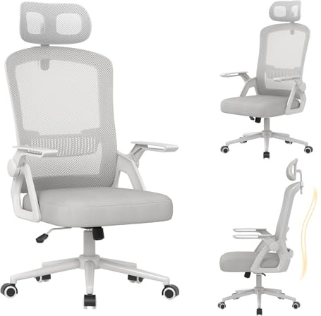 naspaluro Ergonomic High Back Office Chair, Breathable Mesh Desk Chair with Adjustable Headrest, Lumbar Support, Flip-up Armrests and Comfy Seat Cushion, Computer Chair for Home Office, Grey