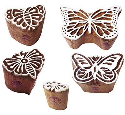 Trendy Motif Assorted and Butterfly Block Print Wood Stamps (Set of 5)
