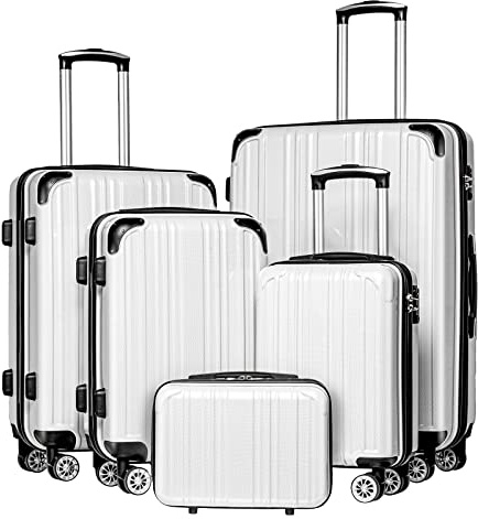 Coolife Luggage Sets, 5 Piece Durable Suitcase, Lightweight Carry on Luggage with PC+ABS Hardshell, Dual Spinner Wheels, TSA Lock and YKK Zipper (white grid new, 5 piece set)
