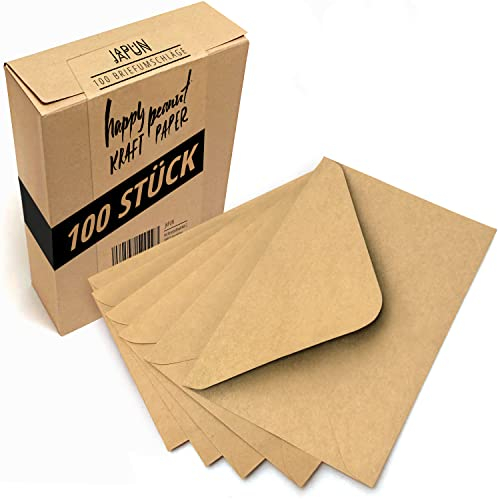 Japun – Briefumschläge (100 Stück) aus braunem vintage Kraftpapier, Kuvert, Umschlag ohne Fenster - DIN C6-162 x 114 mm