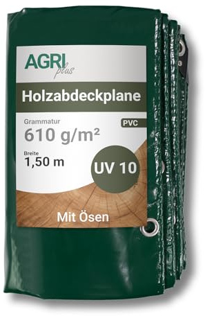 AGRI plus Bâche de Couverture en Bois 1,5 x 10 m - avec œillets I Tissu PVC 610 g/m² Stable avec Bords renforcés Autour I Couverture à Long Terme I Résistante aux intempéries & UV 10 Ans