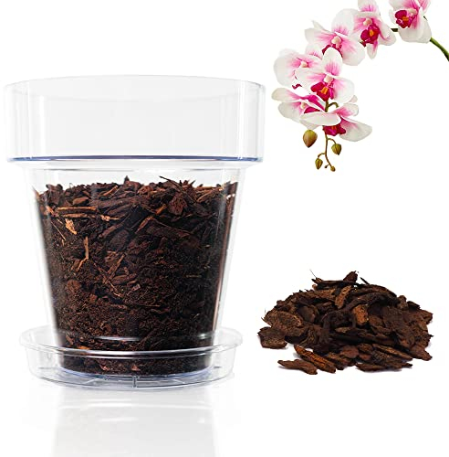 Kalapanta Kit de rempotage d'orchidées: 2 Pot Transparent avec Trous de Drainage, 2 Soucoupe et Terre spécifique pour orchidées - Diamètre 16 cm