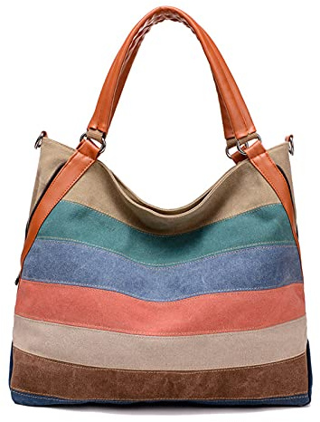 FANDARE Vintage Handtaschen Leinwand Schultertasche Damen Umhängetasche Frauen Arbeitstasche für Shopper Reisen Crossbody Messenger Bag Mehrfarbig Gestreift A