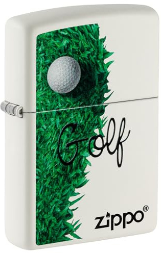 Zippo - Briquet Tempête Motif Golf, Blanc Mat, Impression Color Image, Rechargeable, Réutilisable, Coupe-Vent, Coffret Cadeau, Fabriqué Aux États-Unis