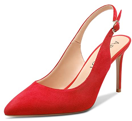 Aachcol Femmes Aiguille Mi Haut High Talon Heel Escarpins Lanières Cheville Slingback Pointu Bout Dress Chaussures Bureau Party Mariage Suède Rouge 8.5 CM 37 EU
