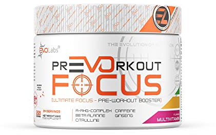 EVOLabs® PrEVOrkout Focus Pulver 221g Pre-Workout Booster,Pump&Gaming Booster mit N-Acetyl-L-Cystein, Beta-Alanin, Guarana, Taurin&Siberian Ginseng, Trainingsbooster (Multivitamin)