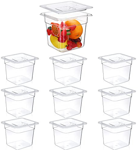 Sieral 10 Pcs 1/6 Size Food Pan with Lids, Clear Square, 6 Inch, 2 Quart